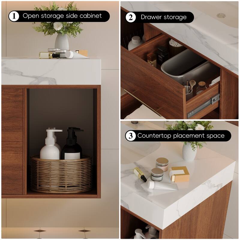 39.4"Floating Bathroom Vanity with Ceramic sink,Wall Mounted Vanity 2 Soft Close Drawer and white Slate top