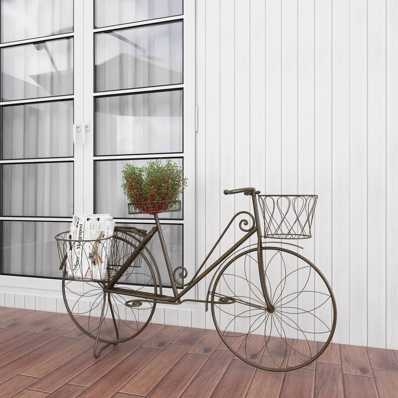 Brown Metal Indoor Outdoor Wire Floral Scrolled Bike Indoor Outdoor Plantstand with Basket and Saddle Bag Planters
