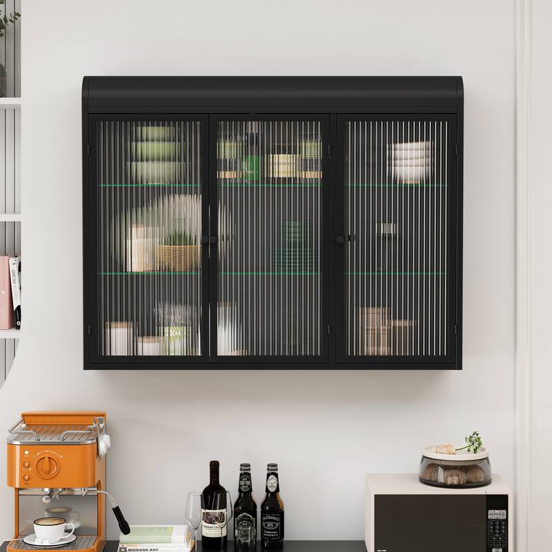 Elegant 3-Door Arched Wall Mounted Glass Cabinet for Stylish Storage in Kitchen, Living Room, and Bathroom (Black)