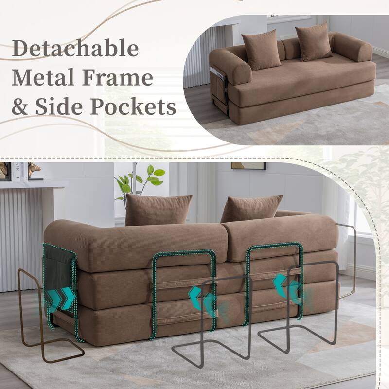 Foldable Modular Couch Sleeper Loveseat Sofa Bed with Storage Side Pocket, Detachable Metal Frame and Corduroy Fabric Cover
