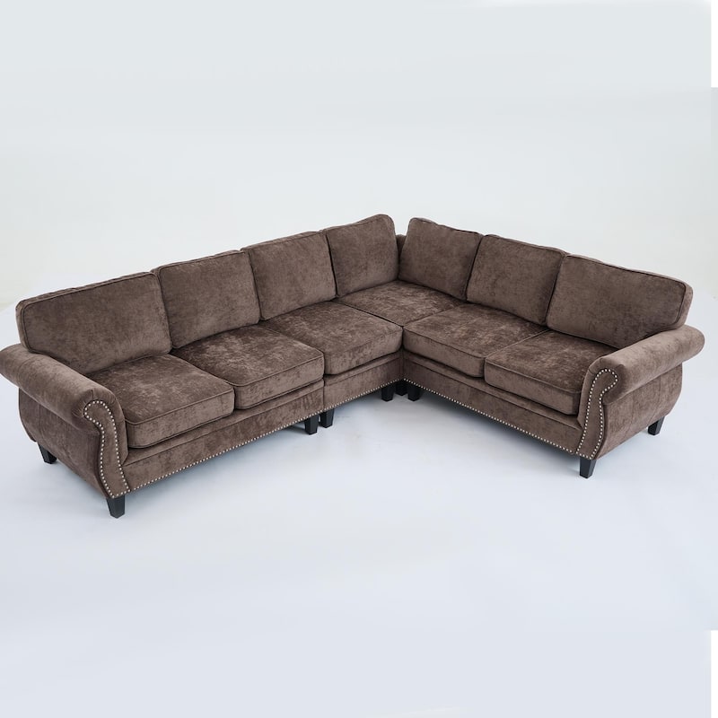 109.5" Chenille 6-Seater L-Shaped Sectional Sofa with Rivets Decorated Rolled Armrests,Cushions, and Wood Frame