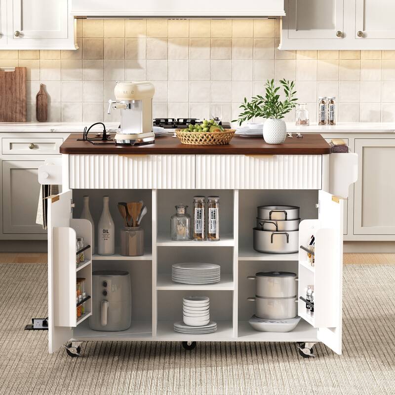 Kitchen Island with Drop Leaf & Power Outlet, Fluted Island Table on Lockable Wheels, Kitchen Cart with Adjustable Shelves - White