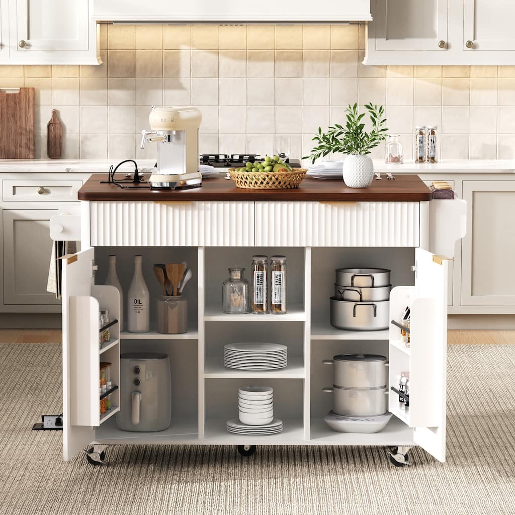 Kitchen Island with Drop Leaf & Power Outlet, Fluted Island Table on Lockable Wheels, Kitchen Cart with Adjustable Shelves