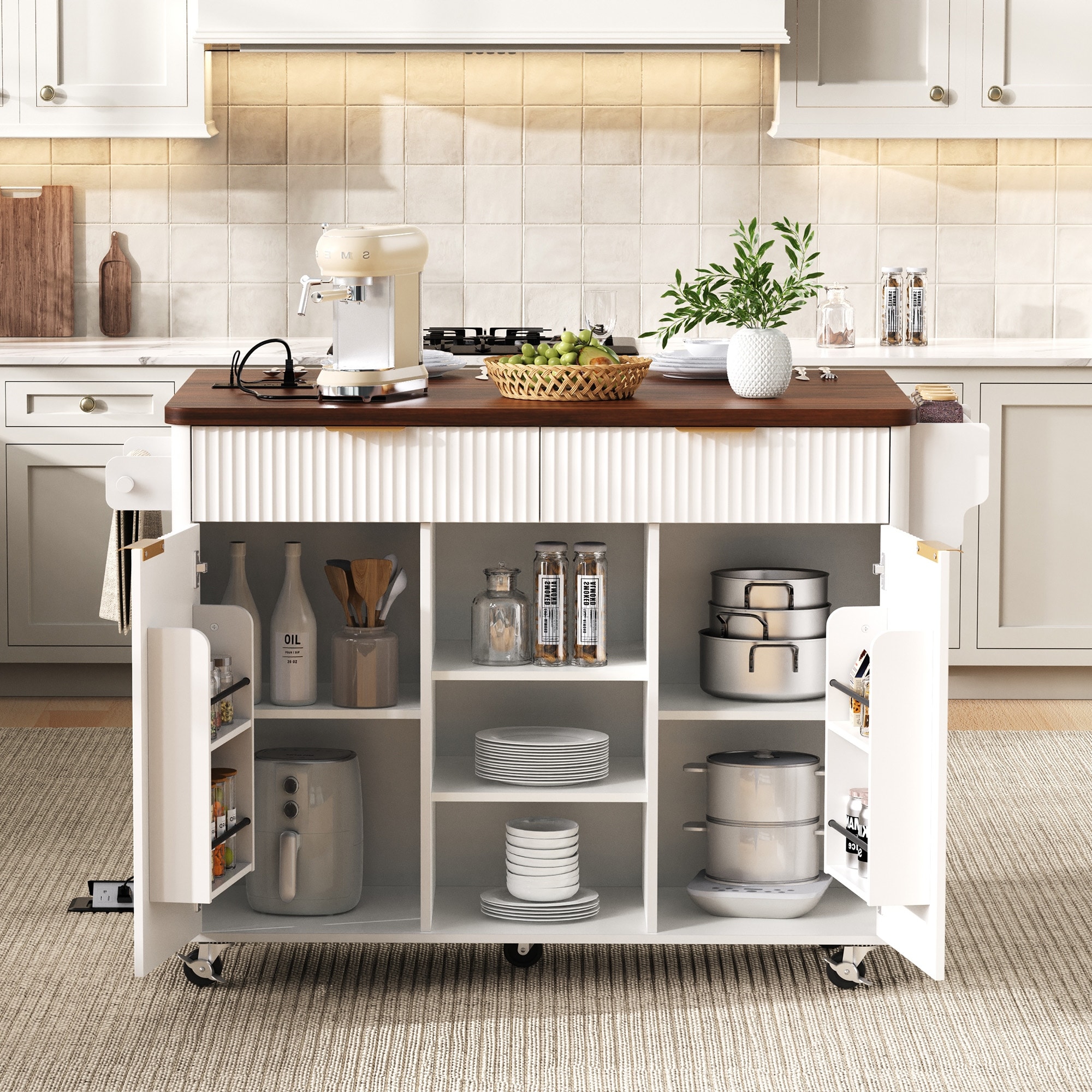 Kitchen Storage Cart with Adjustable Shelves, Rolling Island Table Kitchen Storage Cart with 2 Doors and 2 Drawers