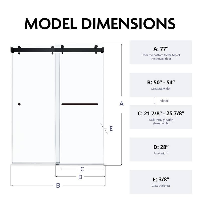 SP Series 50" - 54" W x 77" H Double Sliding Frameless Glass Shower Door with 3/8" Clear Tempered Glass
