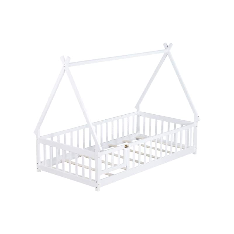 Twin Tent-shaped Floor Bed, Teepee Bed with Guardrails, Slats and Door