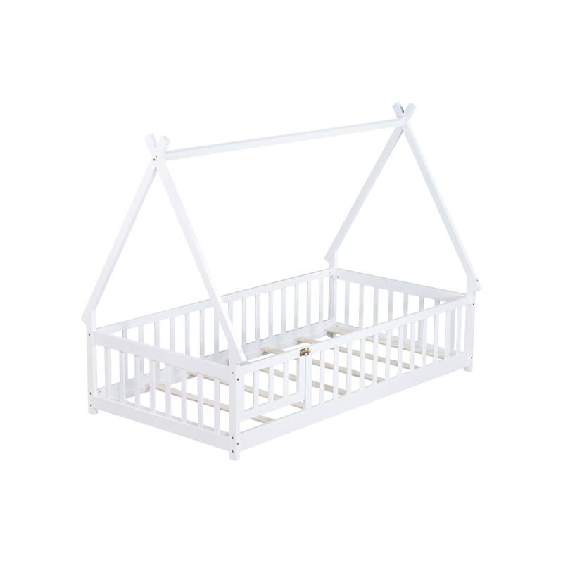 White Twin Tent-shaped Floor Bed with Guardrails, Slats and Door - Teepee Design