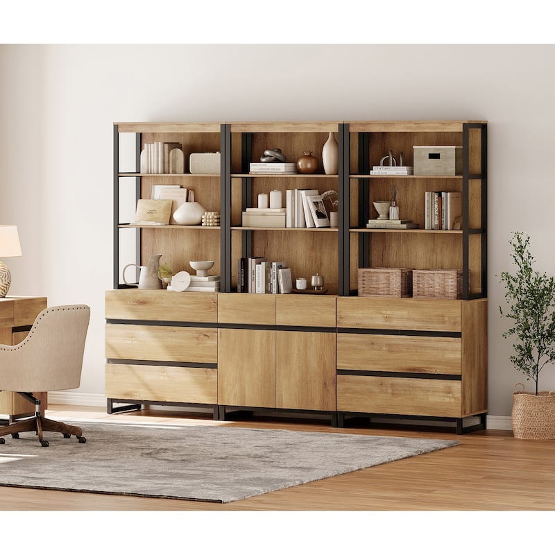 WAMPAT 3-Piece Modern 72" Tall Bookcase with 6 Drawers and Adjustable Shelves