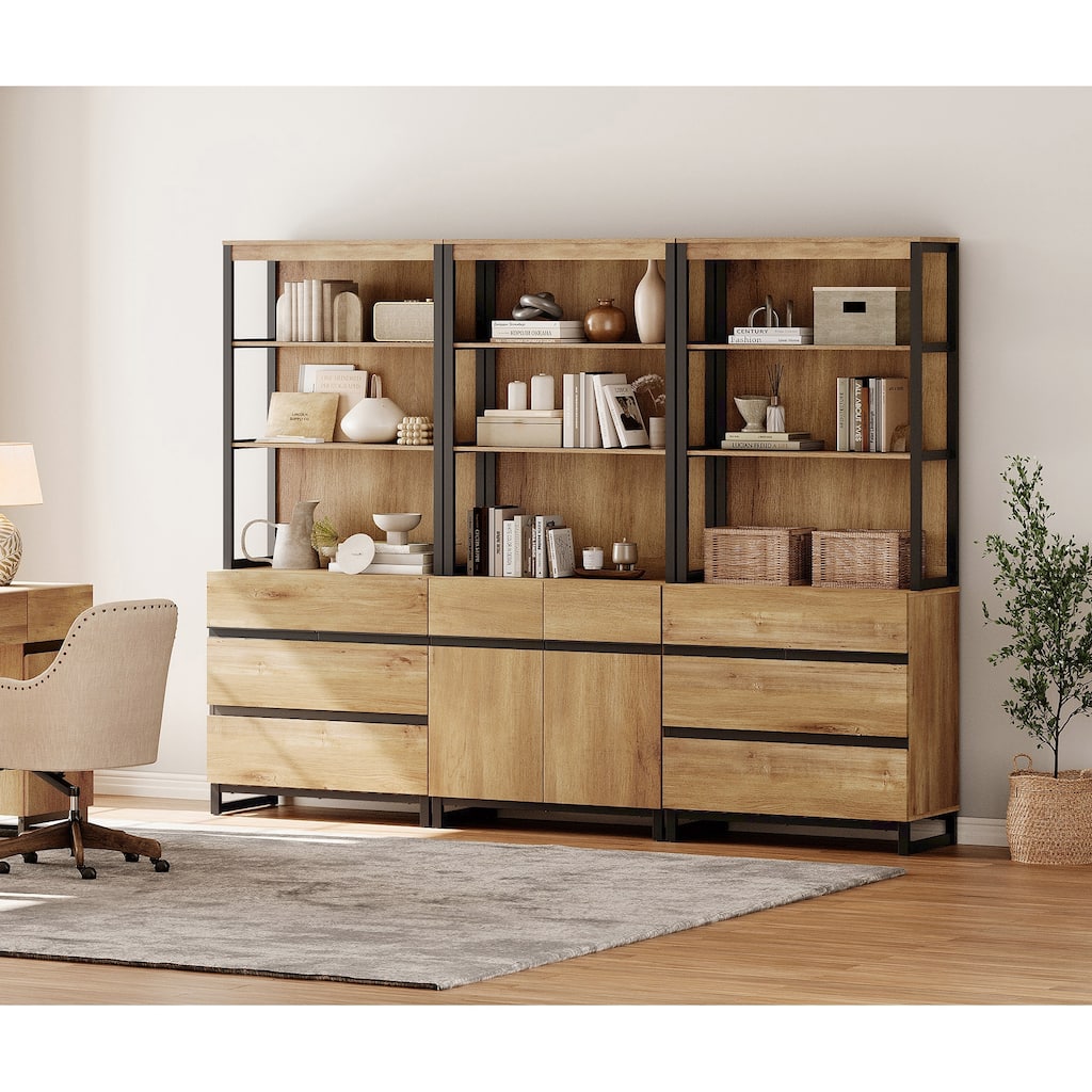 WAMPAT 3-Piece Modern 72" Tall Bookcase with 6 Drawers and Adjustable Shelves