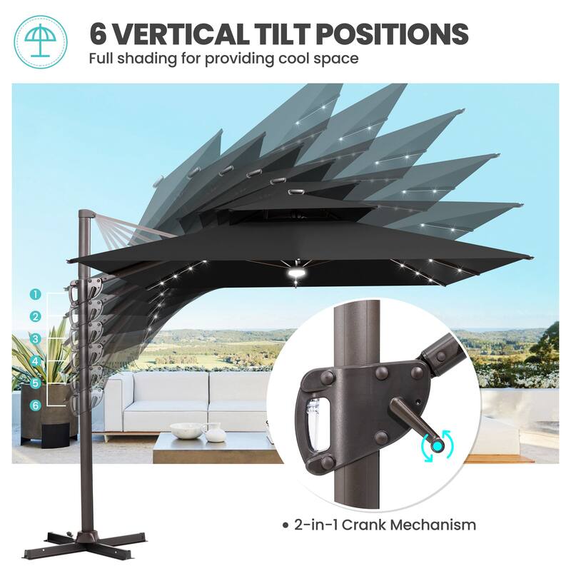 9 x 11 FT Outdoor LED Lighted Patio Cantilever Umbrella with 4-Piece Fillable Weighted Base