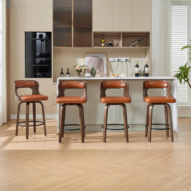 SEYNAR PU Leather 360 Degree Swivel Open Back Bar Stools Wood Legs Set of 4 - Brown
