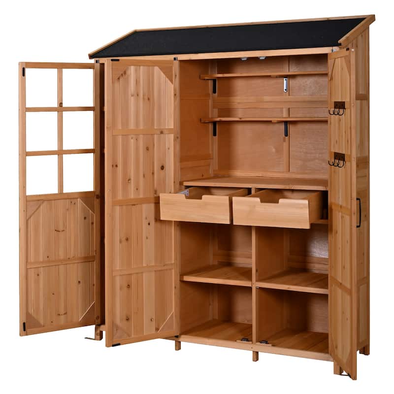 72" Large Patio Garden Shed with Waterproof Roof, Outdoor Storage Cabinet with Workstation & Hooks