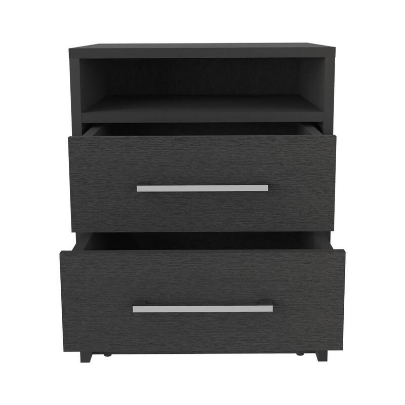 Black Nightstand with Two Drawers and Open Shelf, Metal Handles