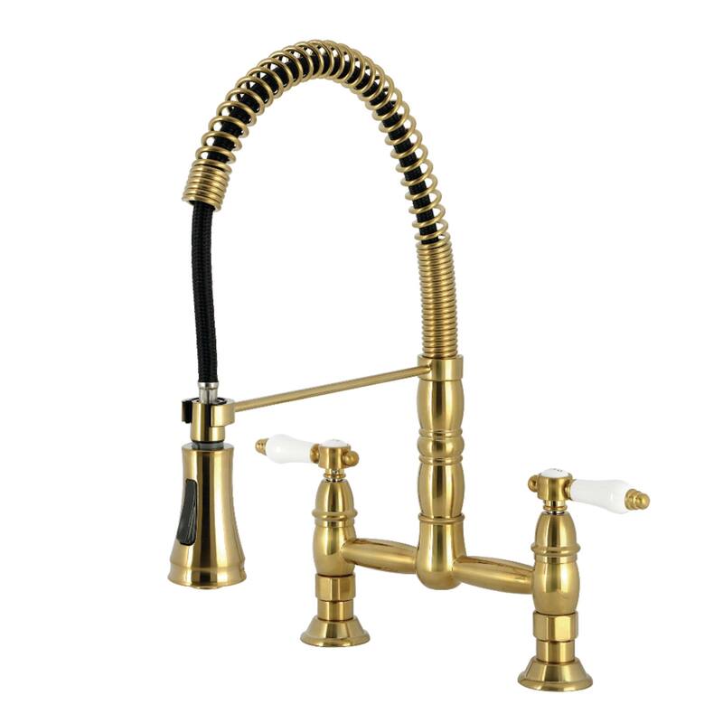 Kingston Brass Essex Double-Handle Wall-Mount Pre-Rinse Bridge Kitchen Faucet - Brushed Brass