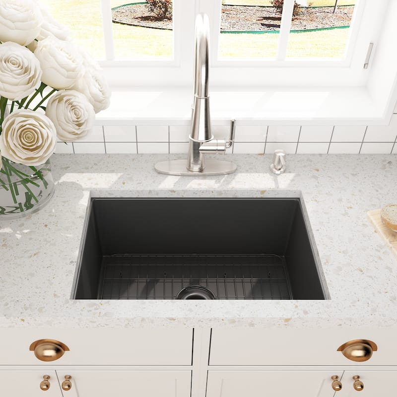 CASAINC Undermount Single Bowl Fireclay Kitchen Sink with Bottom Grid and Strainer, cUPC Certified