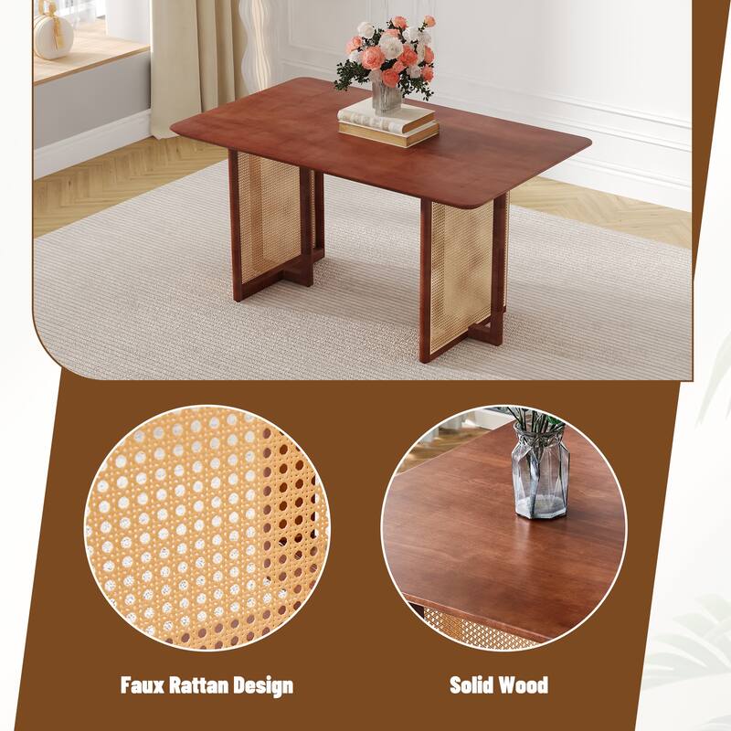 Wood Dining Table Workbench Conference Table with Imitation Rattan Texture Legs and Anti-Slip Feet