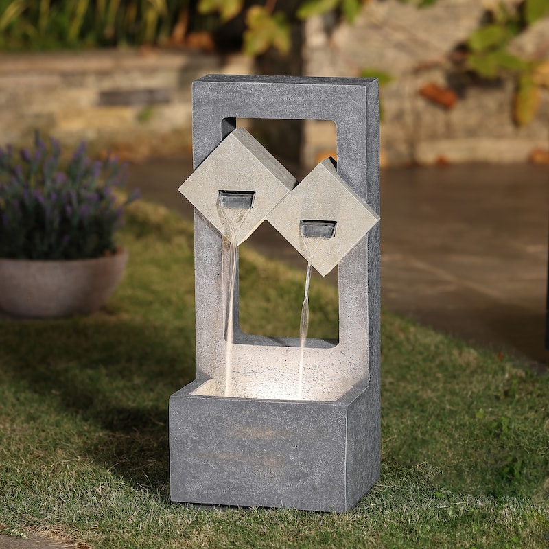 Cascading Grey Resin Rectangular Outdoor Fountain with LED Lights