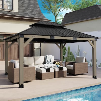 Aoodor 12' x 14' Wood Gazebo, Upgrade Cedar Wooden Frame Gazebo with 2-Tier Galvanized Steel Roof and Outlets
