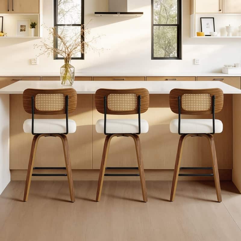 Spruce & Spring 26" Swivel Bar Stool with Bentwood Back or PE Rattan Back - Set of 3 - Ivory-Rattan Back