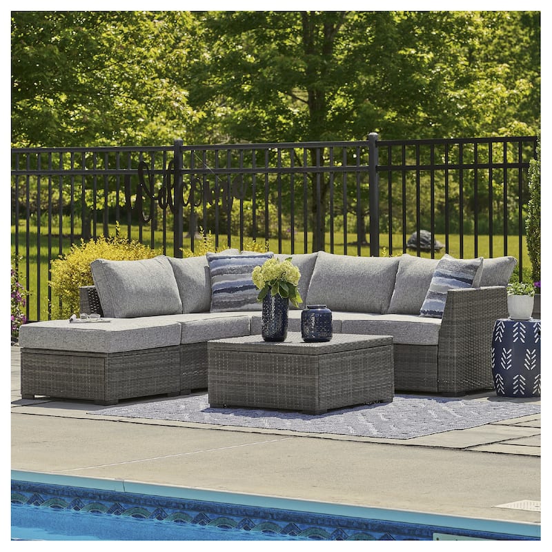 Signature Design by Ashley Petal Road Gray Outdoor Loveseat Sectional/Ottoman/Table Set (Set of 4) - 89.13" W x 84.38" D x 32.38" H - Grey