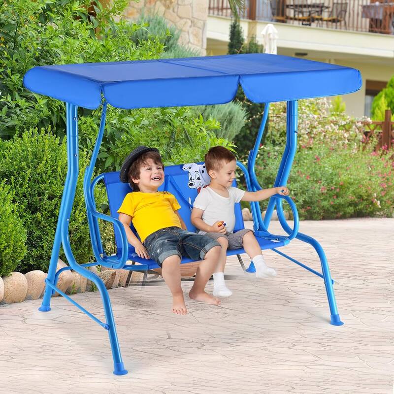 2 Seats Children Swing Chair Kids Porch Swing w/ Safety Belt & Canopy