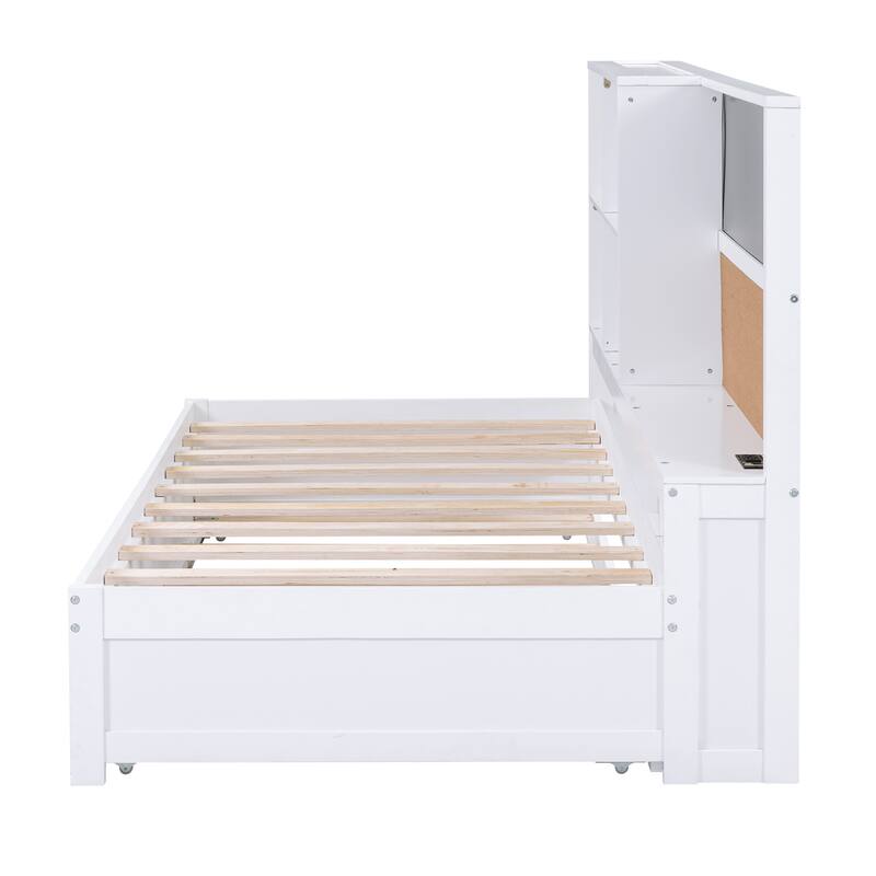 Full Size Wood Daybed with Storage Shelves, Blackboard, Cork Board, USB Charging Ports, and Trundle