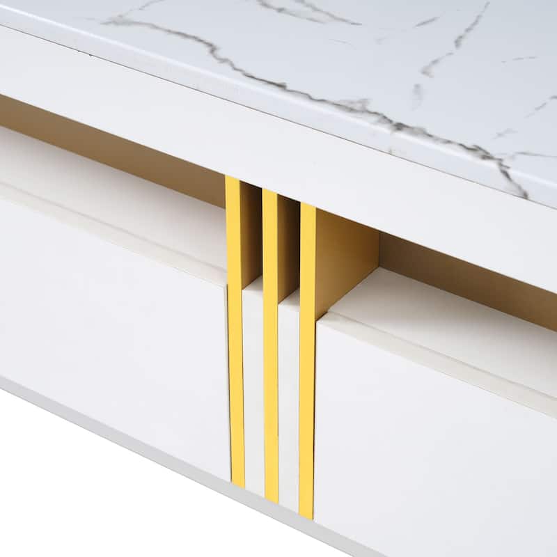High Gloss TV Stand Media Console Table with Faux Marble Top for TVs Up to 78'', Living Room Entertainment Center with 3 Drawers