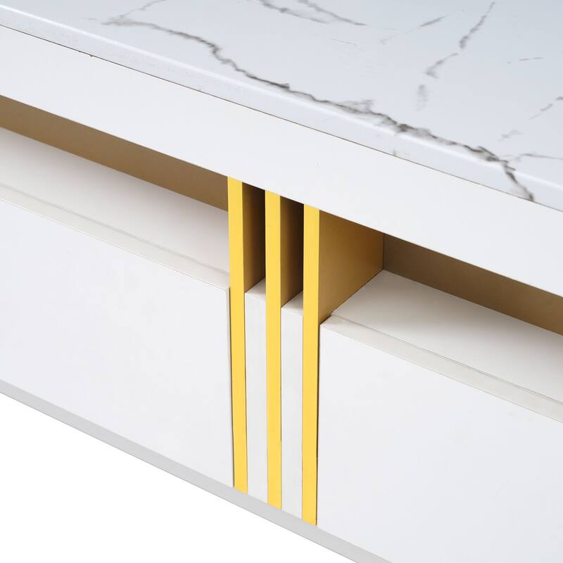 Luxury TV Stand with High Gloss Faux Marble Top for TVs Up to 78'', Rectangle Media Console with Golden Panel.
