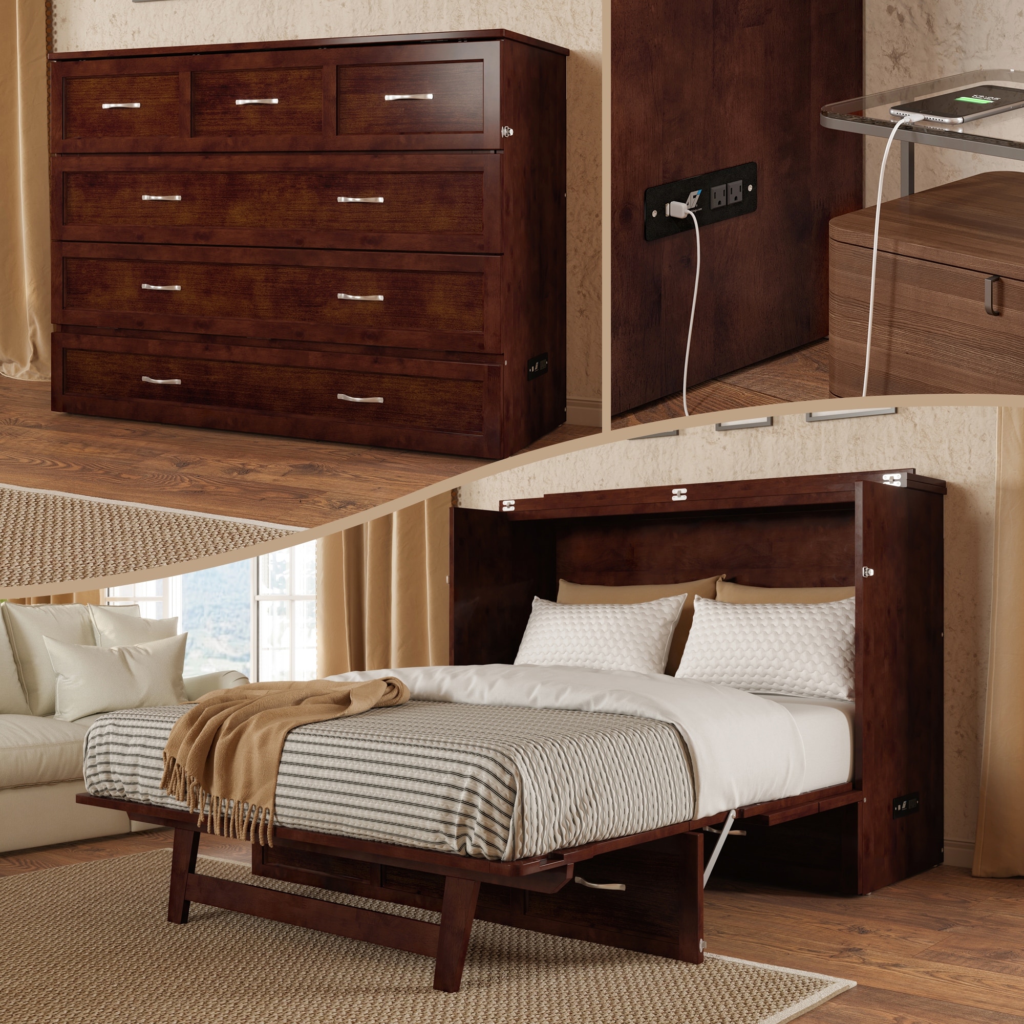 Deerfield Full Murphy Bed Chest with 6" Mattress, Storage Drawer & Built-In Charger in Walnut
