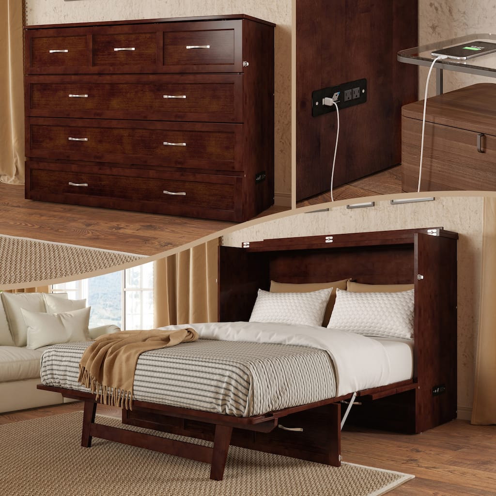 Deerfield Full Murphy Bed Chest with 6" Mattress, Storage Drawer & Built-In Charger in Walnut