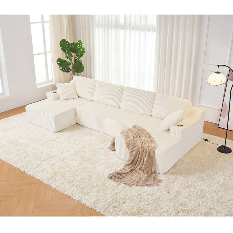 130" U-Shaped Corduroy Sectional Sofa with Cup Holders, No Assembly Required