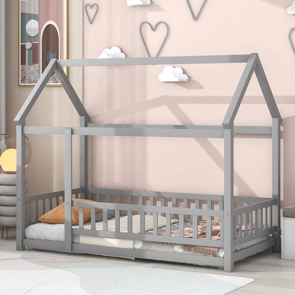 slide 2 of 10, Grey Twin Size Wooden Floor Bed with House Roof & Guardrails Twin - Grey