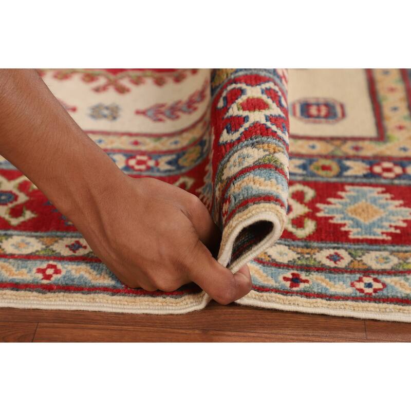Beige / Ivory Kazak Accent Rug Hand-Knotted Geometric Wool Carpet - 3'11" x 4'11"