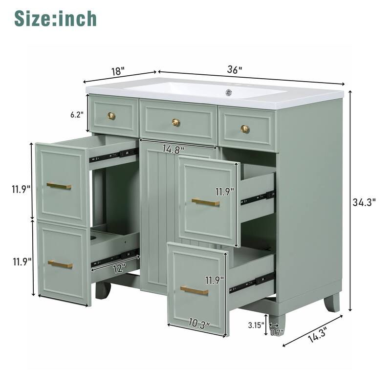 Modern 36-Inch Free-Standing Vanity with Single Sink, Storage Drawers & Adjustable Shelf