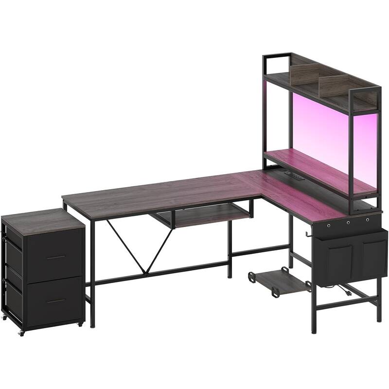 Reversible L Shaped Gaming Desk Power Outlet LED Light