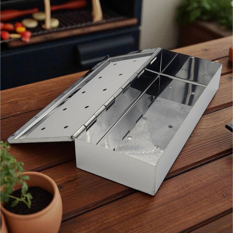 Handy Housewares Wood Chip Smoker Box with Hinged Vented Lid, Stainless Steel BBQ Smoke Box for Charcoal & Propane...