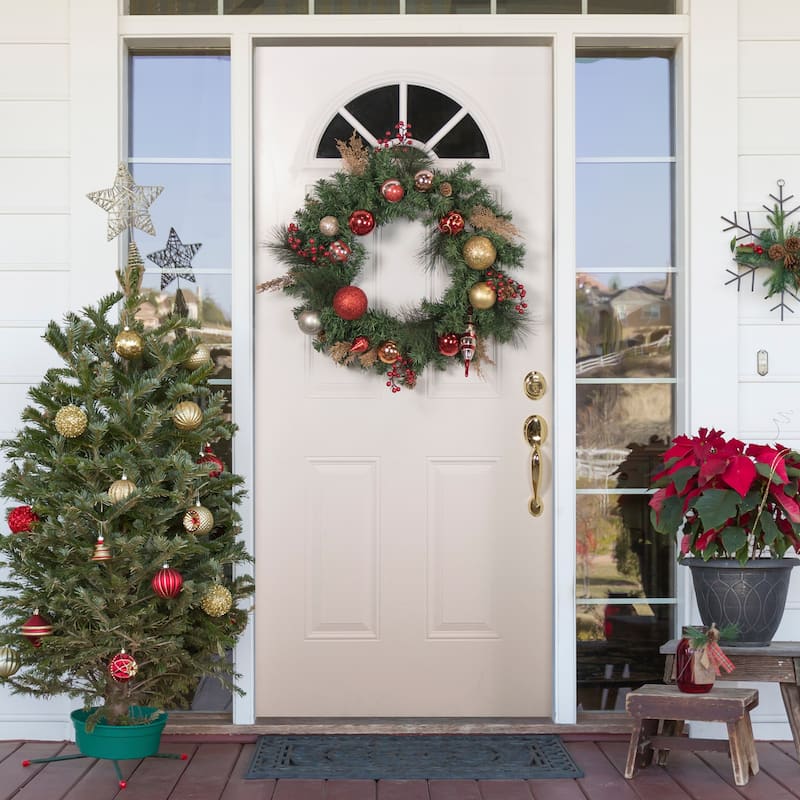 Green Mixed Foliage Ornaments Artificial Christmas Wreath, 30", Unlit