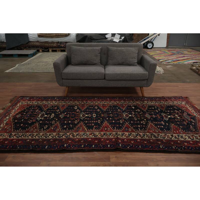 Hand Knotted Oriental 100% Wool Carpet Traditional Tribal Navy Blue & Blues Qashqai Area Rug - 9' 7'' X 4' 6''