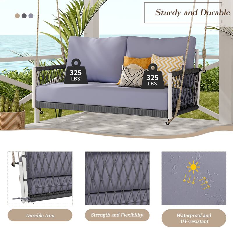 1-Piece Woven Rope Outdoor Swing Sofa with Cushions – Comfortable 2-Person Patio Seating for Garden, Courtyard, and Balcony