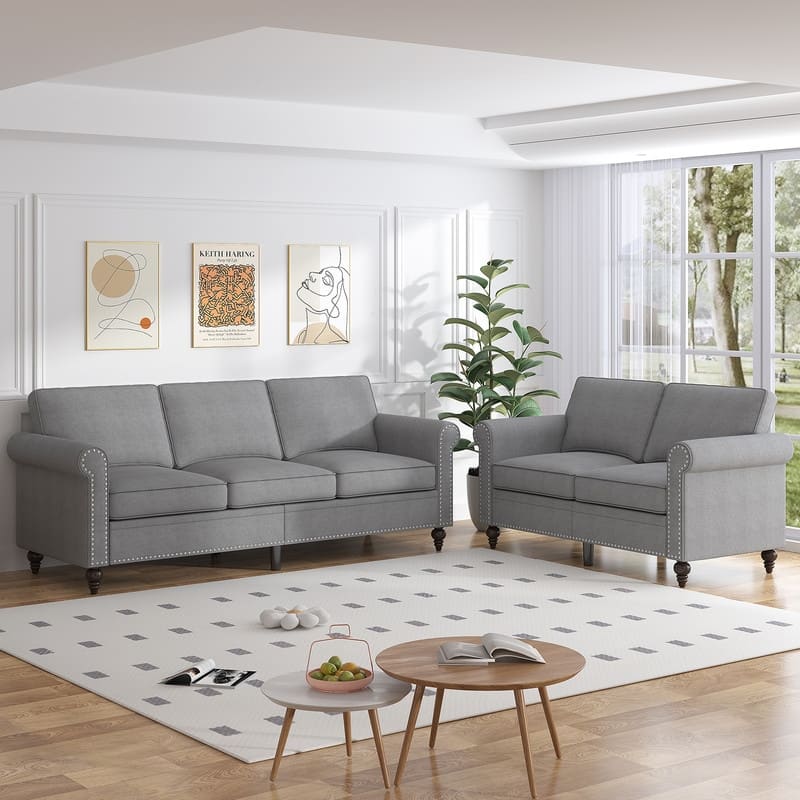 Mixoy 2 Piece Living Room Sofa Set with Rivet Design,Linen 3-Seater Sofa Couch,Loveseat Sofa/Single Sofa Chair - 3+2 - Light Grey-3+2