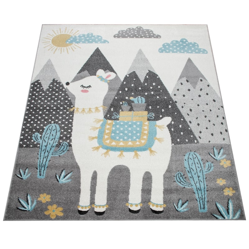 Kids Rug for Nursery with Llama and Mountains in Grey Blue Cream