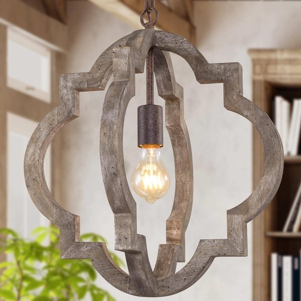 Farmhouse 1 Light Wood Lantern Chandelier Geometric Pendant Light for Kitchen Island D 16 x H 17.5
