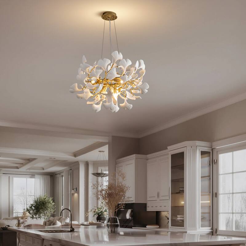 Modern Ginkgo Leaf Ceramic Chandelier, Moon Ring Round Pendant Light, D550-D1200, Gold Finish