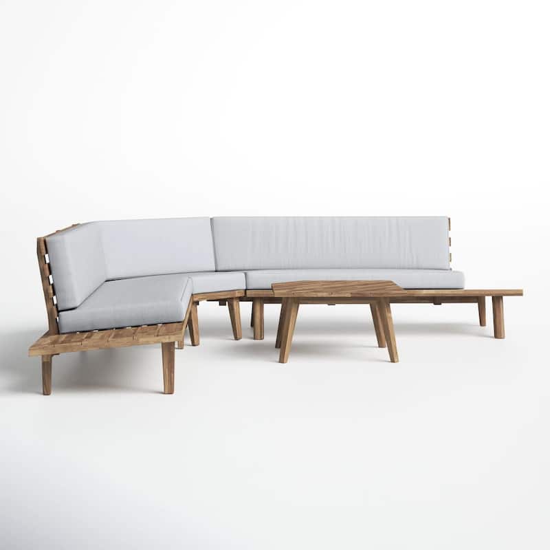 Roomfitters Outdoor 4-Piece V-Shaped Acacia Wood Sofa Set with Coffee Table, Gray Cushions
