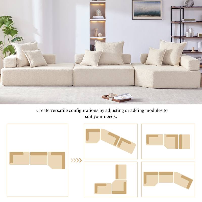 3 PC Oversized Modular Sofa, No Assembly, 5 - 6 Seats, Beige Boucle