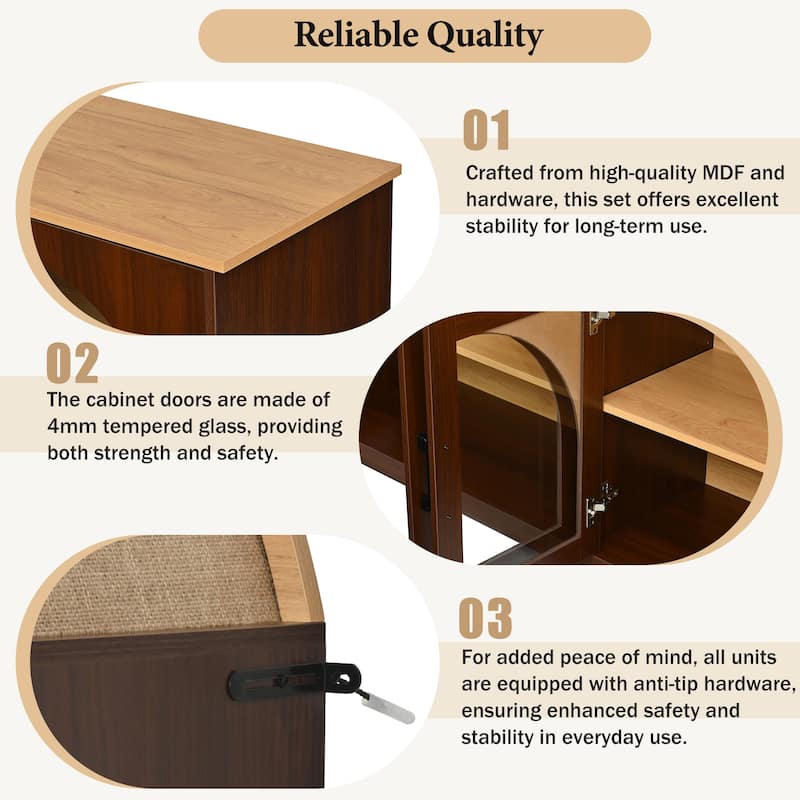 3-Piece Entertainment Center with Bookshelves for TVs up to 70", Retro Wall Unit TV Stand with Glass Doors, Media Console Table