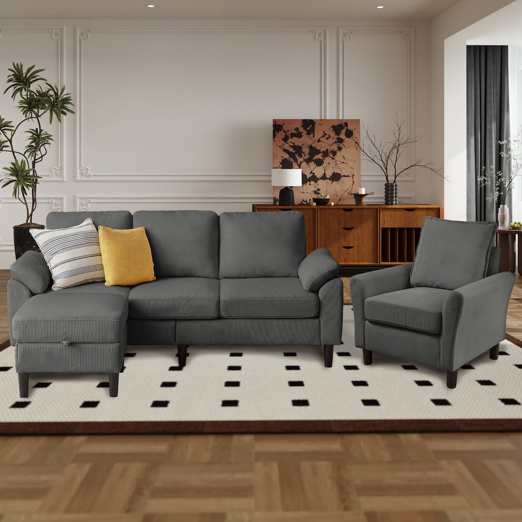 3 Pieces Corduroy Living Room Set with Sectional Sofa, Ottoman and Chair