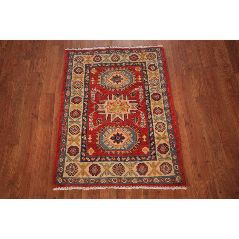 Geometric Red Kazak Oriental Foyer Rug Handmade Wool Carpet - 2'0" x 3'0"