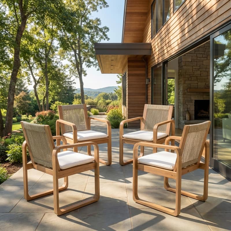 Christopher Knight Home - Outdoor Acacia Wood Dining Chairs Set with Rope Back and Water-Resistant Cushion - Set of 4-Light Teak Finish+Beige