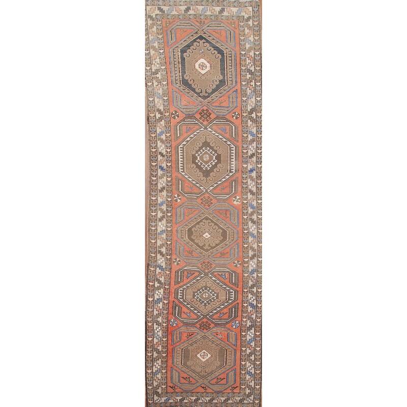 Hand Knotted Oriental 100% Wool Carpet Traditional Tribal Coral Hamedan Runner Rug - 13' 2'' X 3' 5''